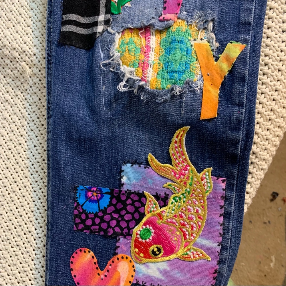 Colorful Upcycled Patchwork and Embellished Women's Denim Jean - Picture 10 of 13